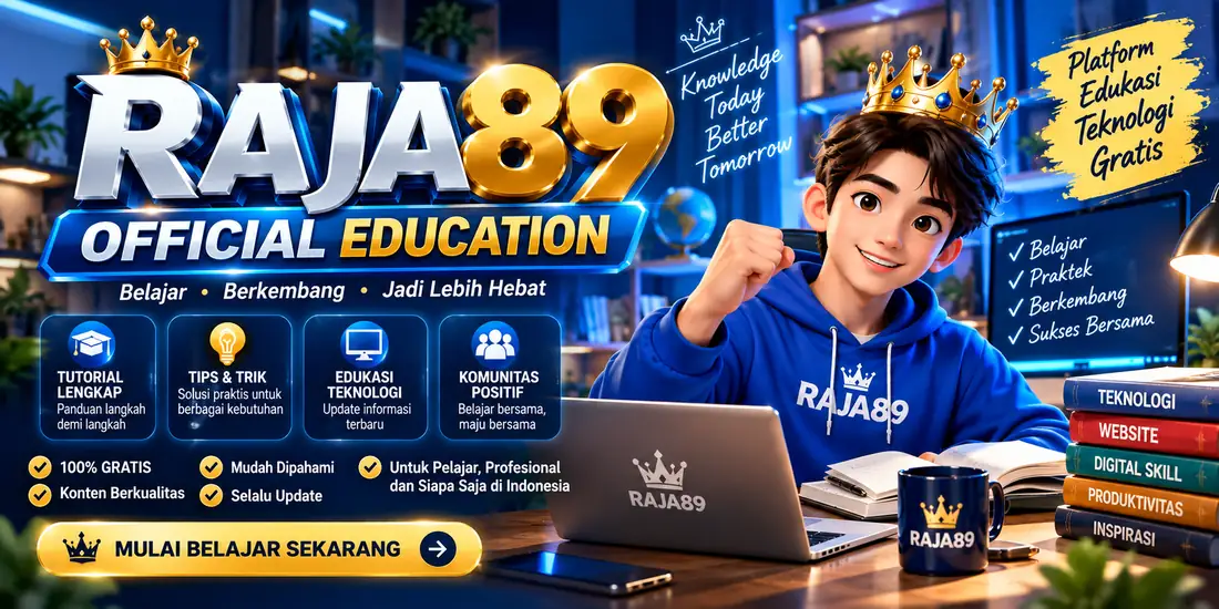 RAJA89 education banner: the RAJA89 name in gold and silver lettering beneath a gold crown