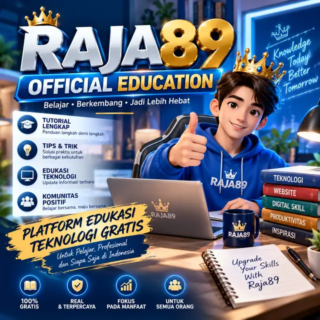 RAJA89 Official Education square panel showing the crowned RAJA89 wordmark on a gold and blue crest